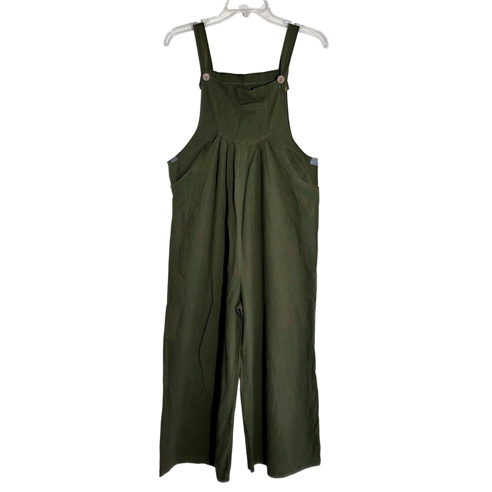 Women's Wide Leg Bib Cropped Jumpsuit Size Medium Olive Green Overalls EUC - Picture 2 of 9